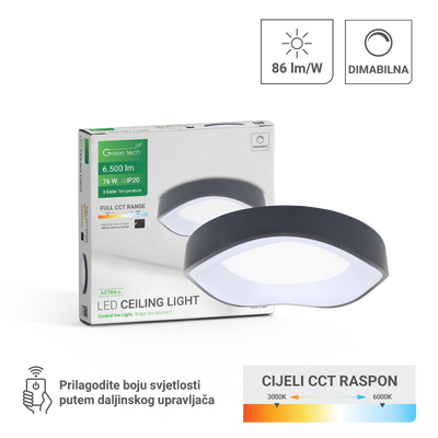 Smart plafonjera Green Tech metalna 76W, 3CCT s daljinskim up., fi 52cm