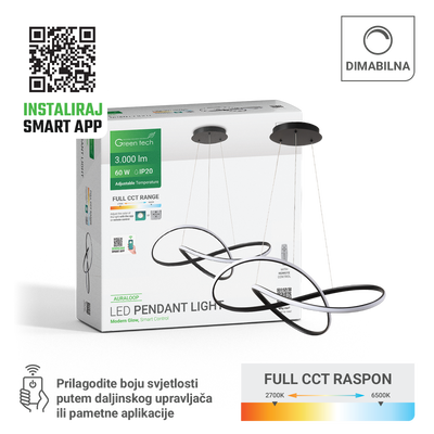 Smart dekorativna visilica Green Tech 60W, 3CCT, dim, APP + daljinski upravljač